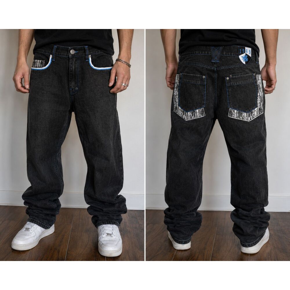 Vintage Coogi Y2K Black Denim Jeans Blue Stitching Geometric Knit Pockets 36x34